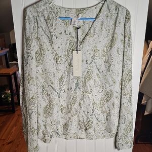 Rachel Zoe Cream & Olive Paisley Button-Front Blouse